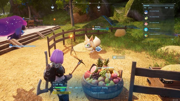 The player looks at Vixy while they are grazing in the ranch in Palworld