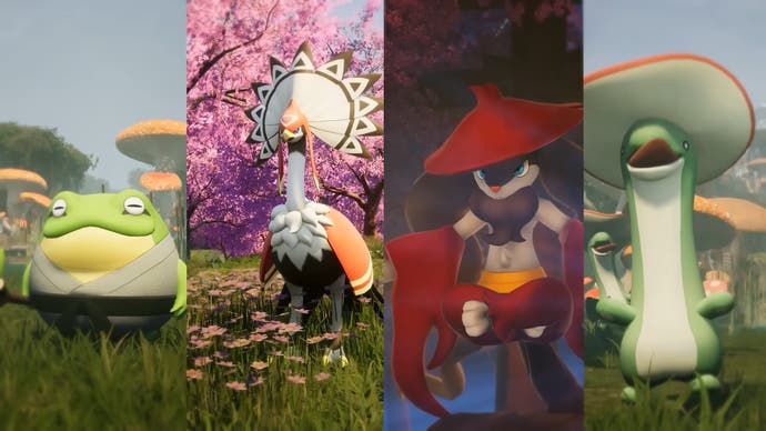Split screen of four Pals coming to Palworld - a green frog with a stick, a red ostrich bird, a floating monk dog, and a green creature with a mushroom head