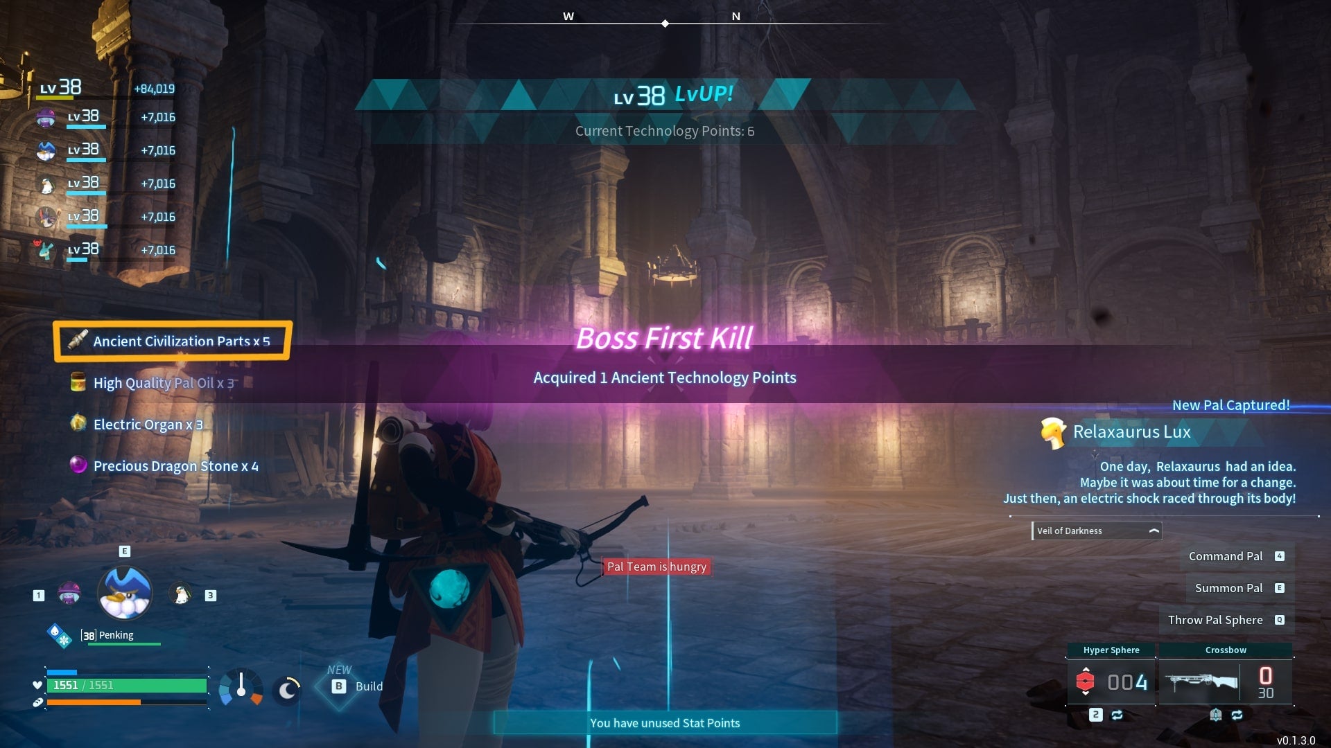 The player successfully beats Relaxaurus Lux, receiving Ancient Civilisation Parts in Palworld