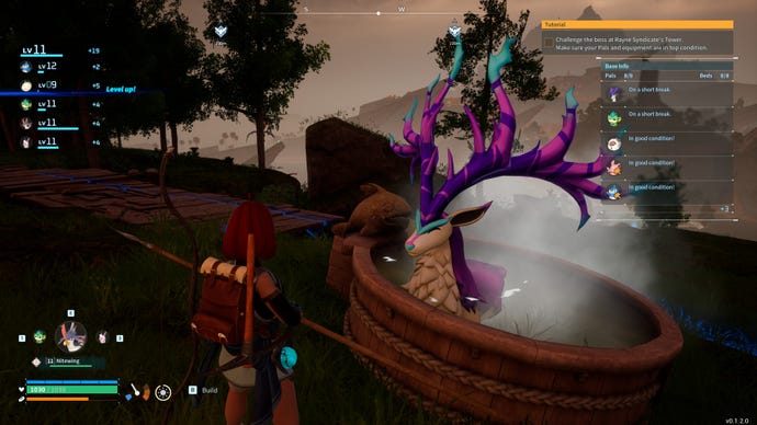 A purple deer has a bath in a hot tub in Palworld