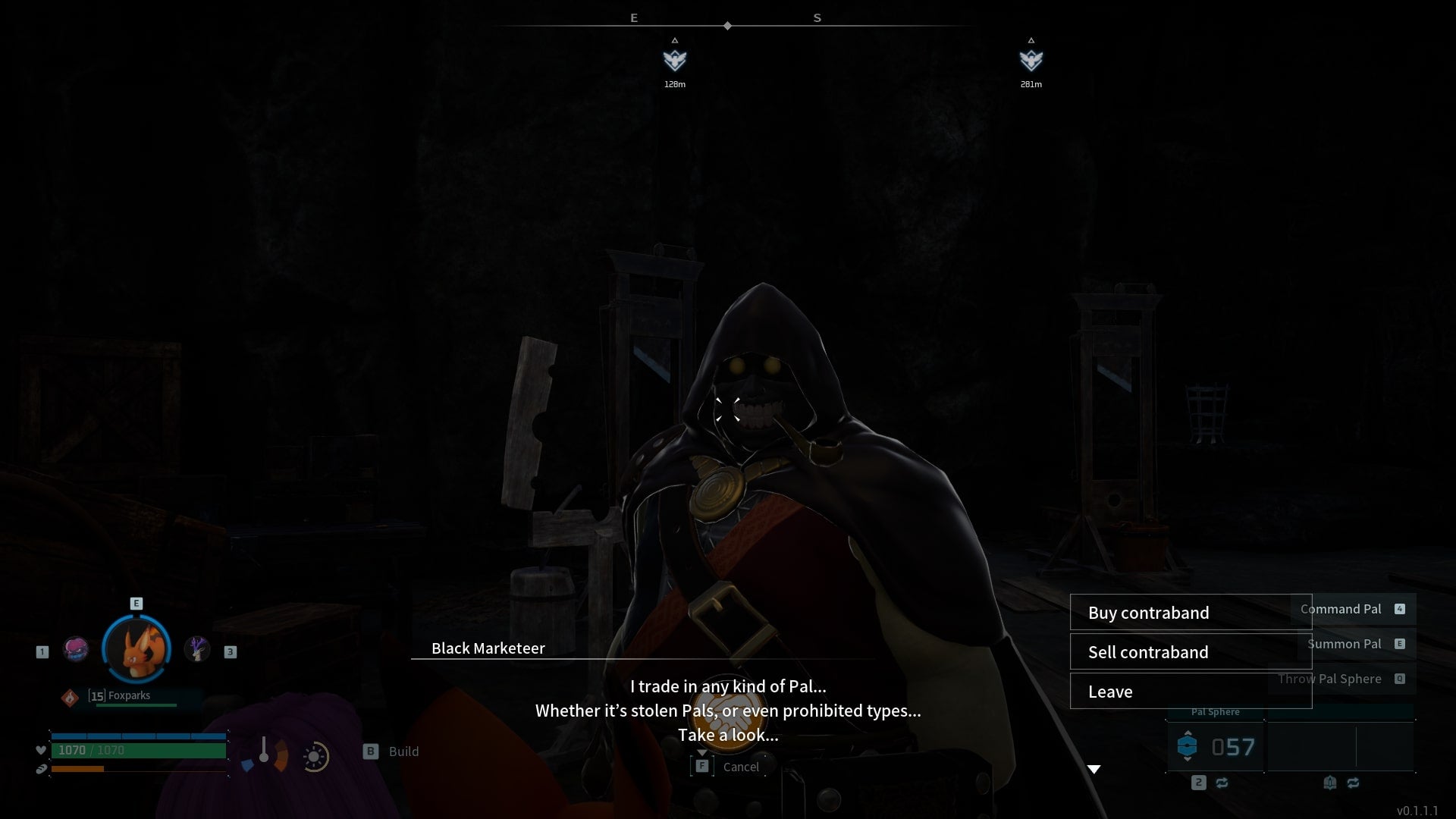 The player speaks with the Black Marketeer about buying and selling contraband in Palworld - 4