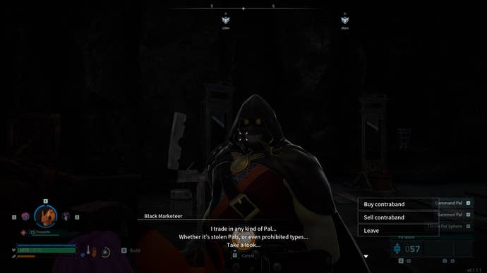 The player speaks with the Black Marketeer about buying and selling contraband in Palworld