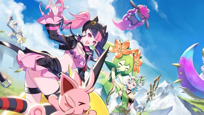 Palworld cartoon showing a female character and a group of Pals all looking very happy together