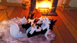 Palworld header image showing a female player cuddling a canine-like Pal in front of a roaring fire