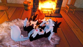 Palworld header image showing a female player cuddling a canine-like Pal in front of a roaring fire