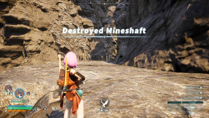 The player looks at the Destroyed Mineshaft entrance in Palworld