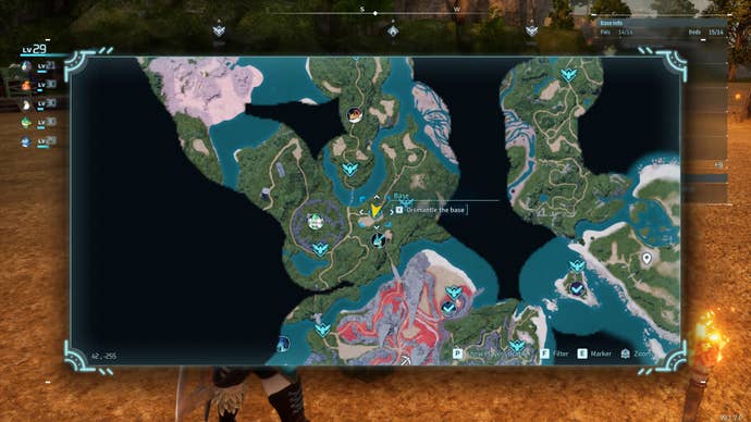 The map in Palworld is shown, with the 'dissassemble Palbox' option visible