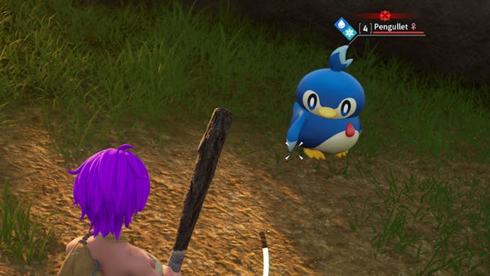 A person with pink hair is holding a wooden bat while facing a pengullet.