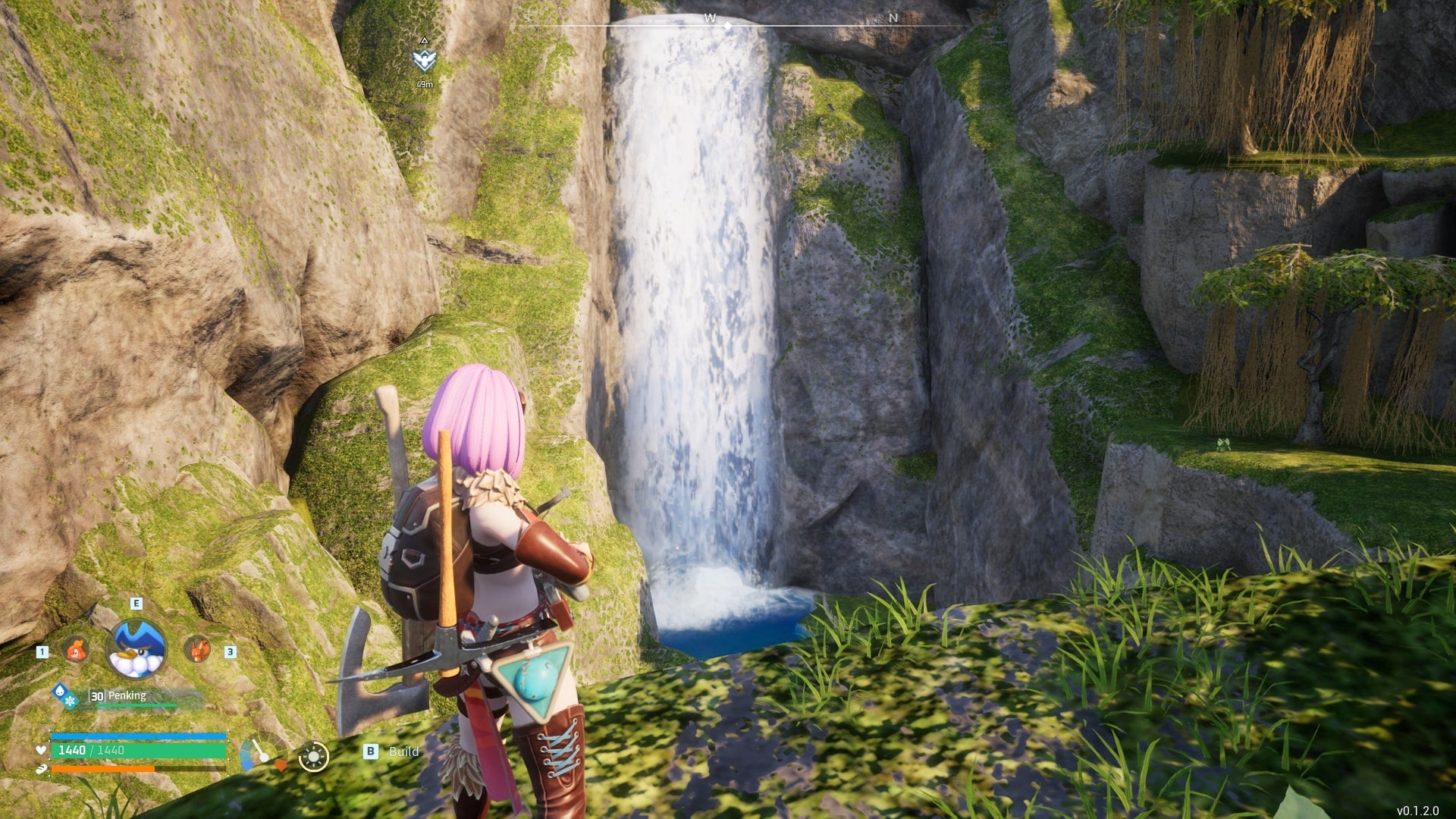 The player looks toward a waterfall near the Ascetic Falls fast travel point in Palworld - 4