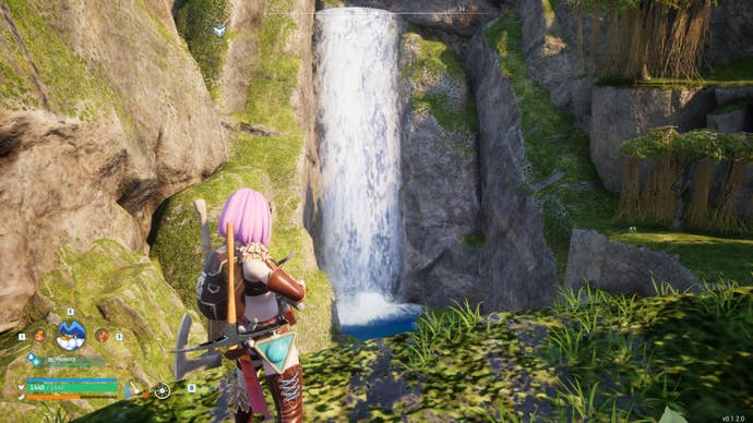 The player looks toward a waterfall near the Ascetic Falls fast travel point in Palworld
