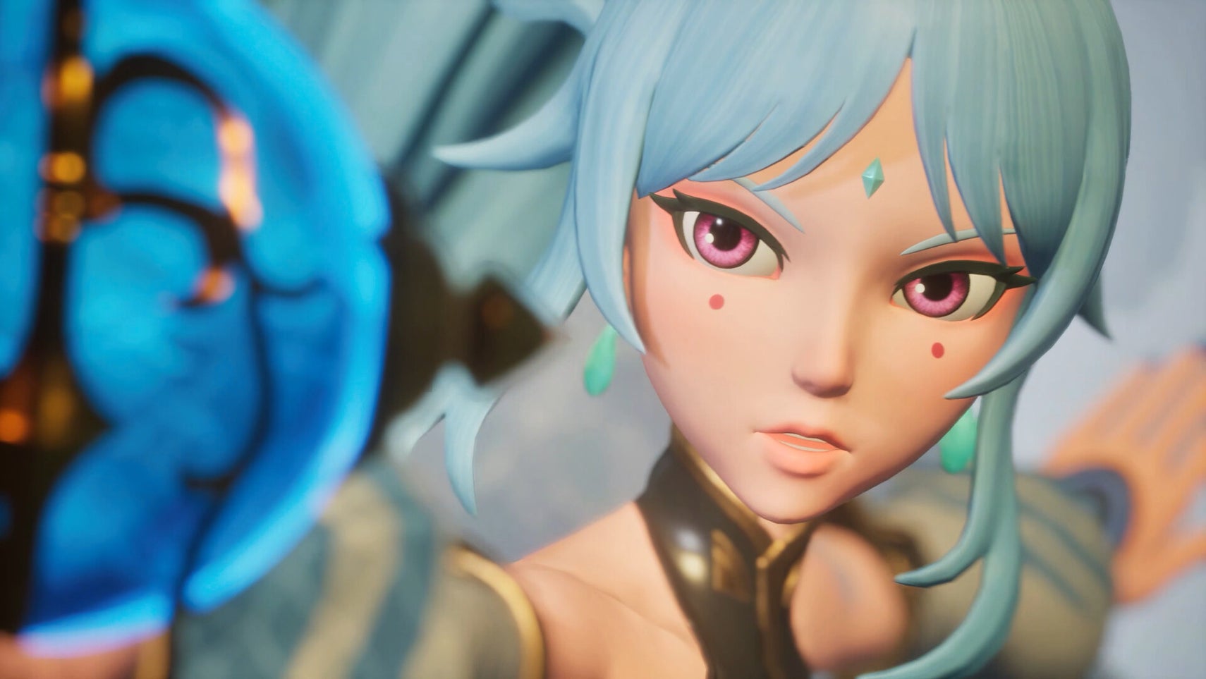 Palworld - a close-up of a blue-haired female human character