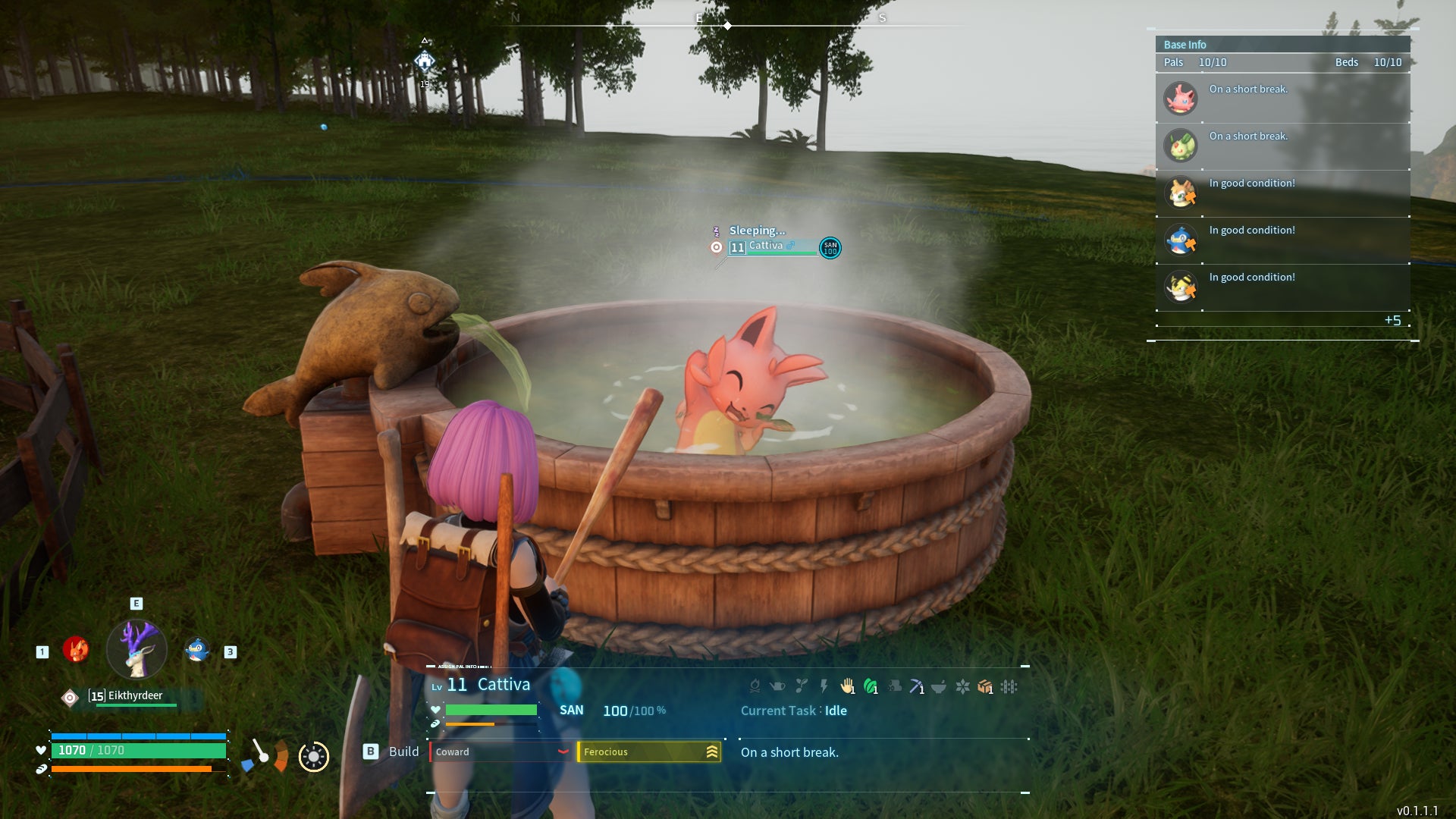 The player looks at a Cattiva who is resting in the Hot Springs at their base in Palworld - 3