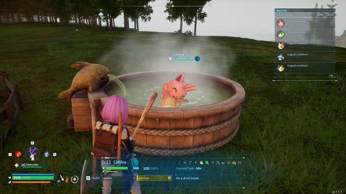 The player looks at a Cattiva who is resting in the Hot Springs at their base in Palworld