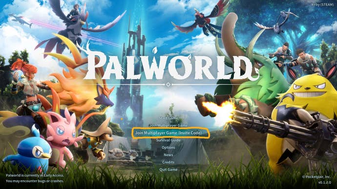 The 'start multiplayer game (invite code)' option is labelled in Palworld's main menu
