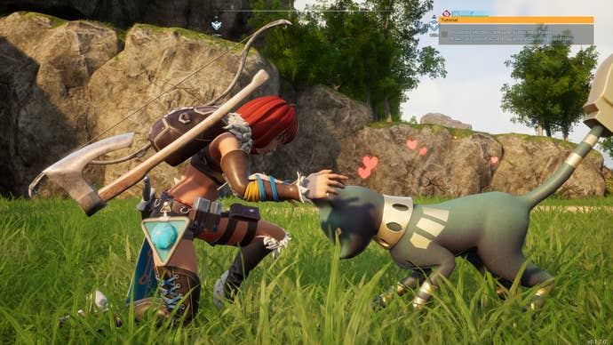 A female character pets a cat animal Pal in Palworld