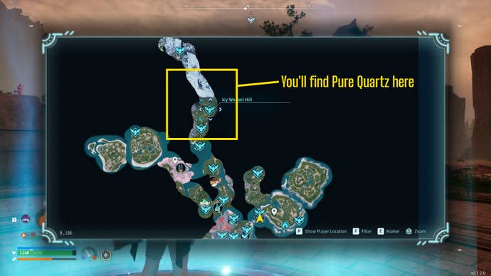A labelled map of Palpagos Islands showing where Pure Quartz drops in Palworld