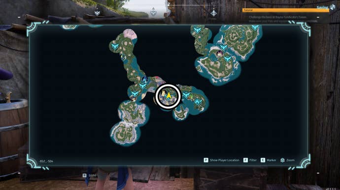 Map showing the location of the Small Settlement east of the starting area in Palworld.