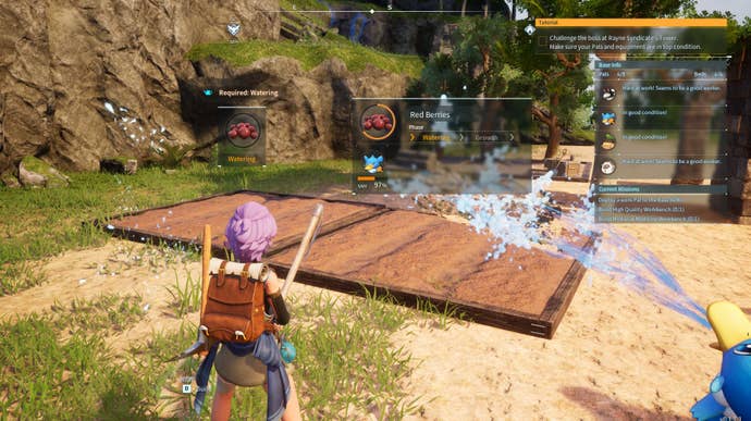 A purple-haired character standing by a Berry Plantation in Palworld.