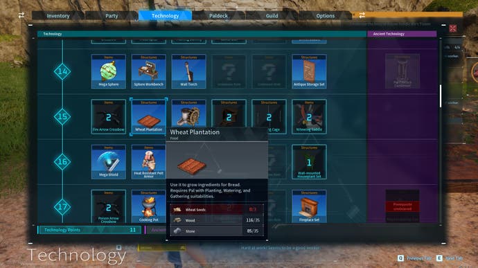 The Technology menu screen in Palworld which lists all the resources you need to build a Wheat Plantation.
