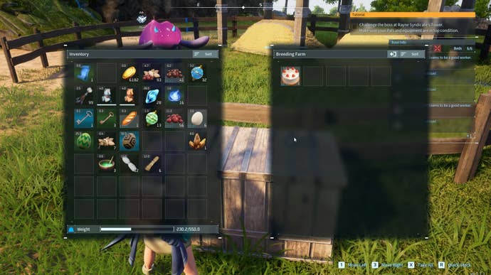 Palworld menu screens which are being used to move a Cake from the player’s Inventory into a box.