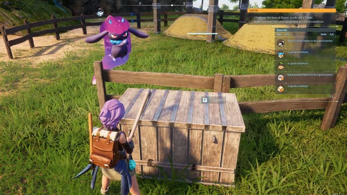 A Palworld character stands by a box on the Breeding Farm.