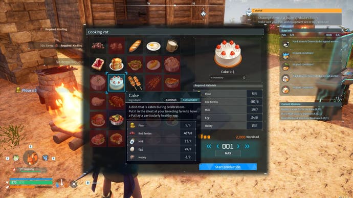 The Cooking Pot menu screen in Palworld which is being used to bake a Cake.