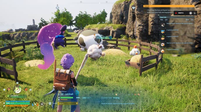 A purple-haired Palworld character stands by a Ranch on their base that has a few Pals in it.