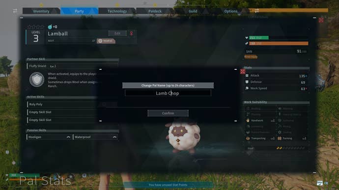 The menu screen that appears in the Steam version of Palworld, which players use to change a Pal’s name.