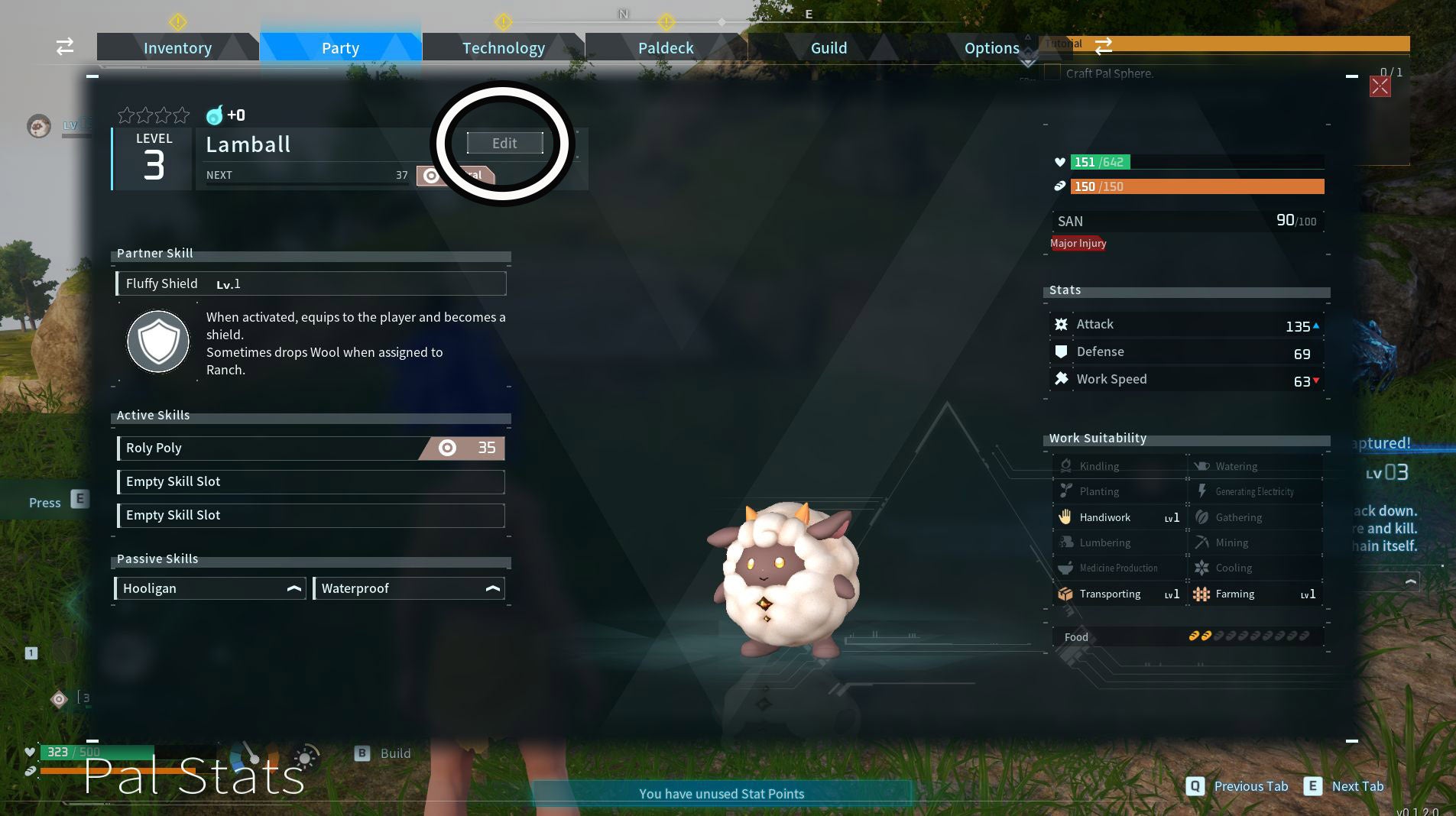 The Party menu in Palworld, with the Edit button circled that players need to press if they want to change a Pal&rsquo;s name.