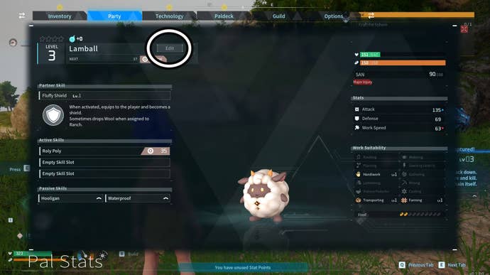 The Party menu in Palworld, with the Edit button circled that players need to press if they want to change a Pal’s name.