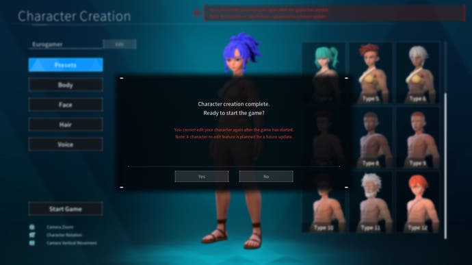 Menu screen in Palworld which asks the player if they'd like to complete their character creation and start the game.