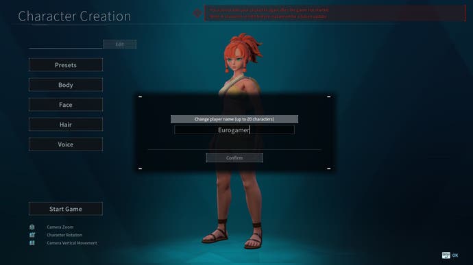 Character Creation menu screen which is used to change your player name in the Steam version of Palworld.
