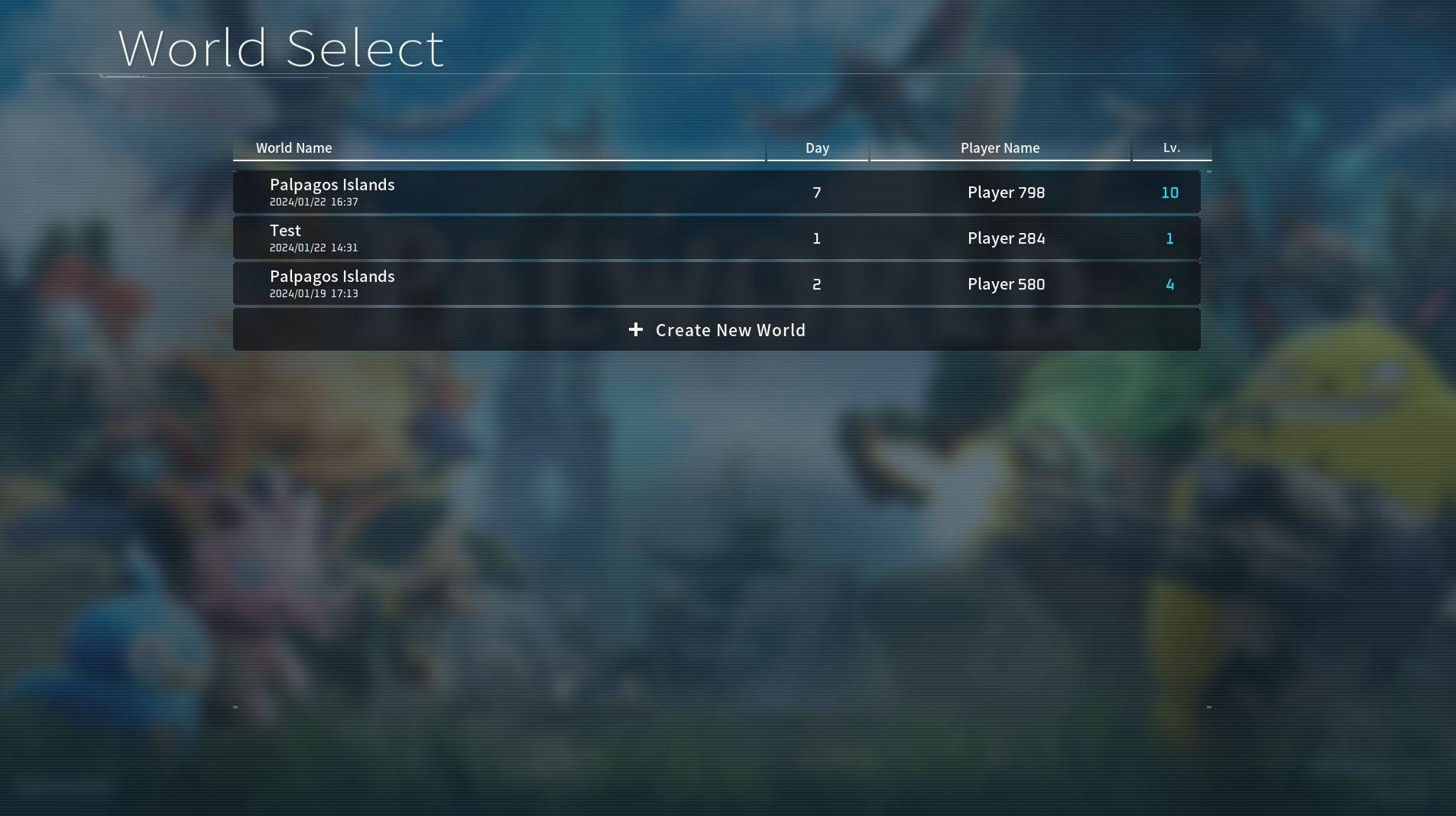 The menu screen used to select worlds in Palworld.