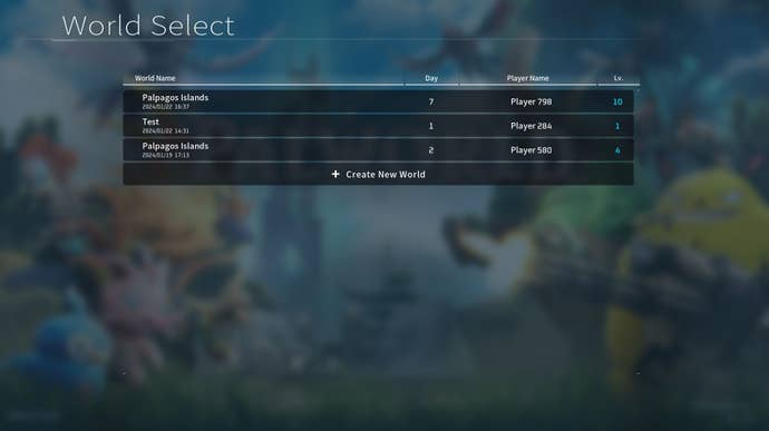 The menu screen used to select worlds in Palworld.