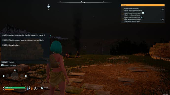 Palworld Console with messages “You are now an Admin. /AdminPassword <!-- raw HTML omitted -->”, “AdminPassword is correct. You are now an Admin.” and “Complete Save”.