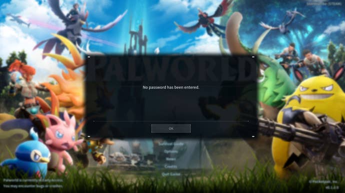Palworld dialogue box with the text “No password has been entered."