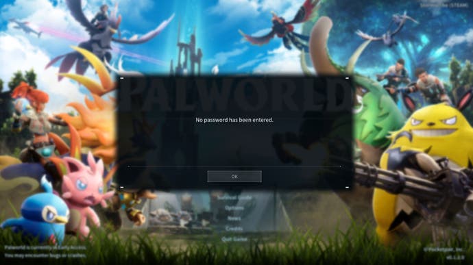 Palworld dialogue box with the text "No password has been entered."