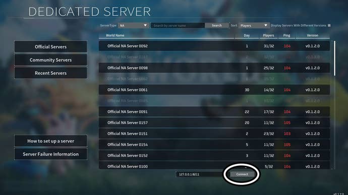 Palworld’s Dedicated Server window with the IP address 127.0.0.1:8211 in the Connet field with the “Connect” button highlighted.