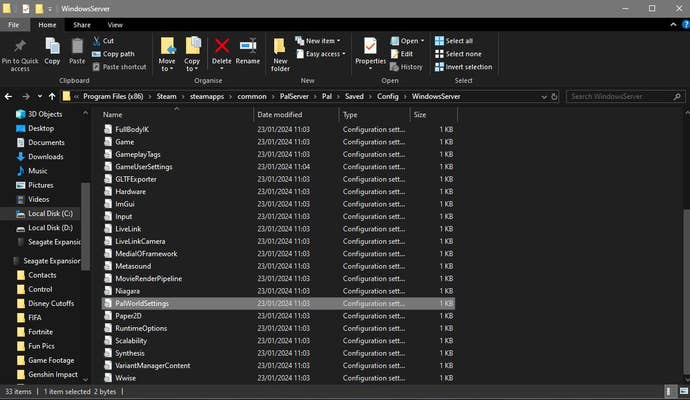 Windows Explorer window with the “PalWorldSettings” file highlighted
