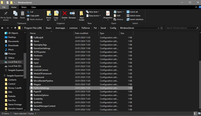 Windows Explorer window with the "PalWorldSettings" file highlighted