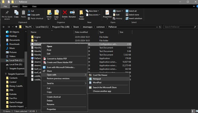 PalServer folder in Windows Explorer with the “Open with” “Notepad” option highlighted for the file “DefaultPalWorldSettings”.