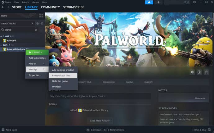 Steam store window with the Palworld Dedicated Server tool’s ‘Browse local files’ option highlighted.