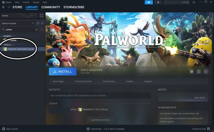 Steam store window with the Palworld Dedicated Server tool highlighted.