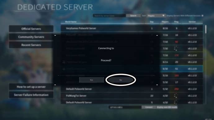 Palworld’s Dedicated Server option to connect with the “No” option highlighted.