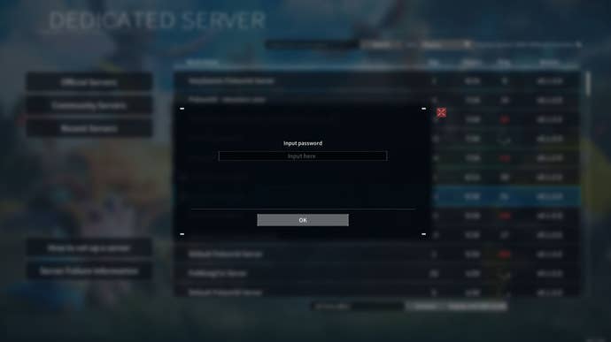 Palworld’s Dedicated Server password input field
