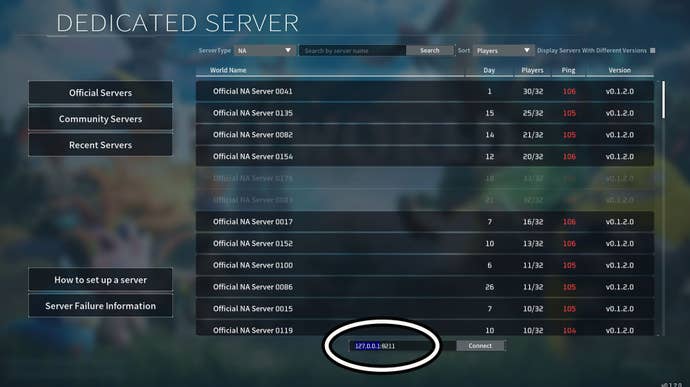 Palworld’s Dedicated Server window with the IP address 127.0.0.1:8211 in the Connet field highlighted.