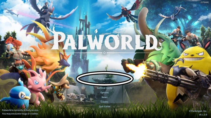 Palworld home screen with the "Join Multiplayer Game" option selected.