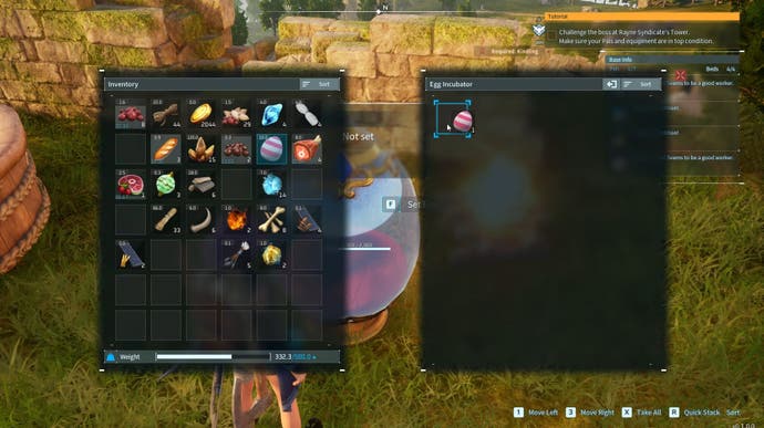 An Egg Incubator being placed in the Palworld Inventory menu.