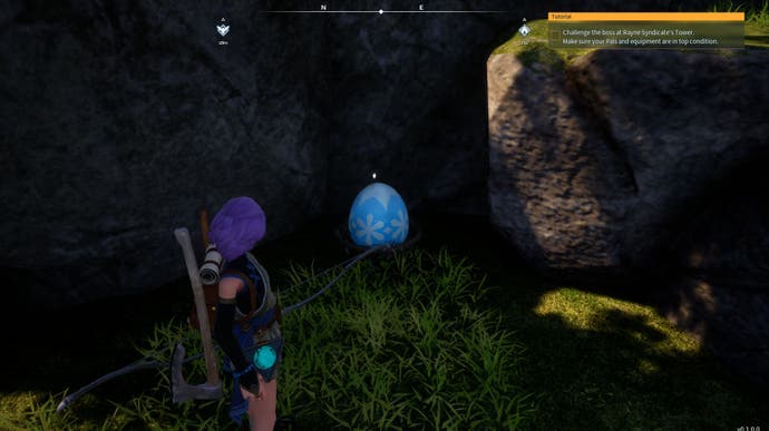 A purple-haired Palworld character stands near a Frozen Egg in the wild, that's by a rocky cliff face.