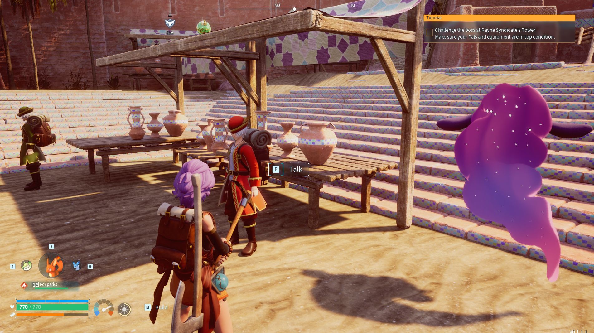 Player in Palworld stood in front of the Wandering Merchant in Duneshelter